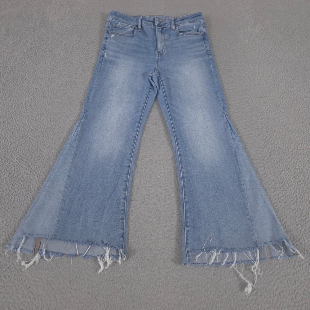 American Eagle Jeans Womens 8 Blue Festival Flare Next Level Stretch Frayed Hem